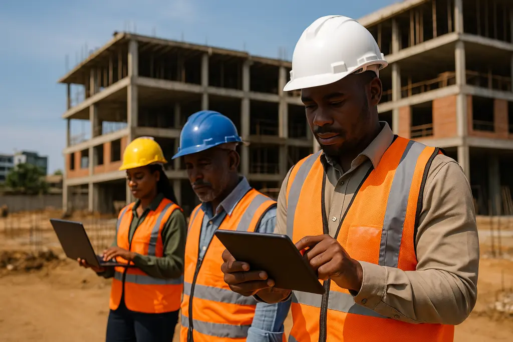African inspectors documenting an active construction project
